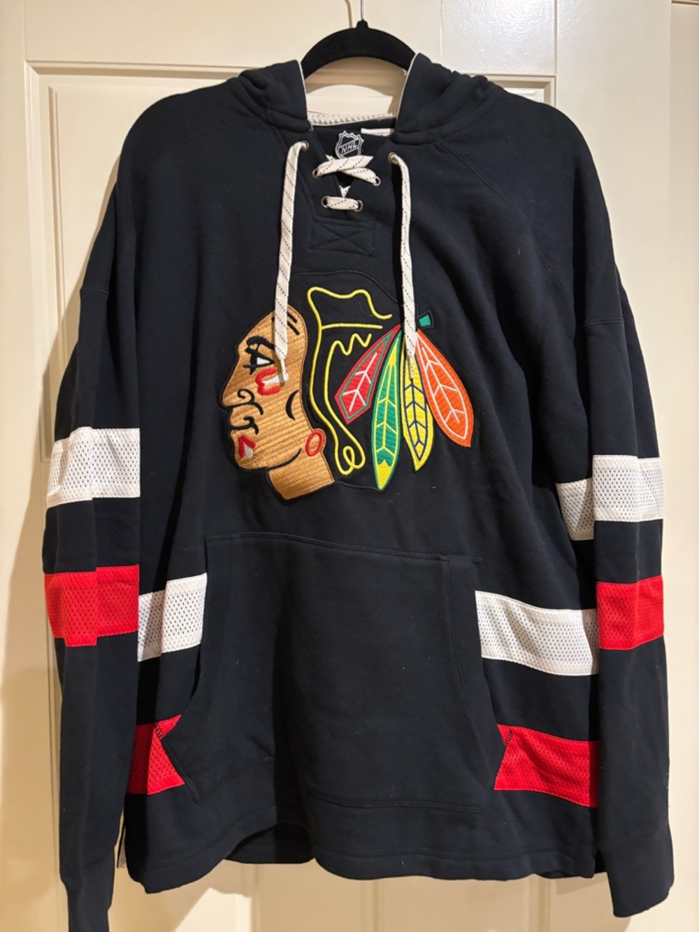 CCM Black Chicago Hawks Lace-Up Crewneck Sweatshirt with Red & White Accents